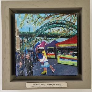 V*Jazzle Jade original Newcastle Quayside Market narrative painting by British artist Sue Dewhurst inspired by glamorous Geordie women and Newcastle market culture
