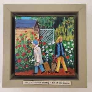 The War of The Roses original narrative painting by British artist Sue Dewhurst depicting two rival Northern neighbours surrounded by roses and suburban gardens